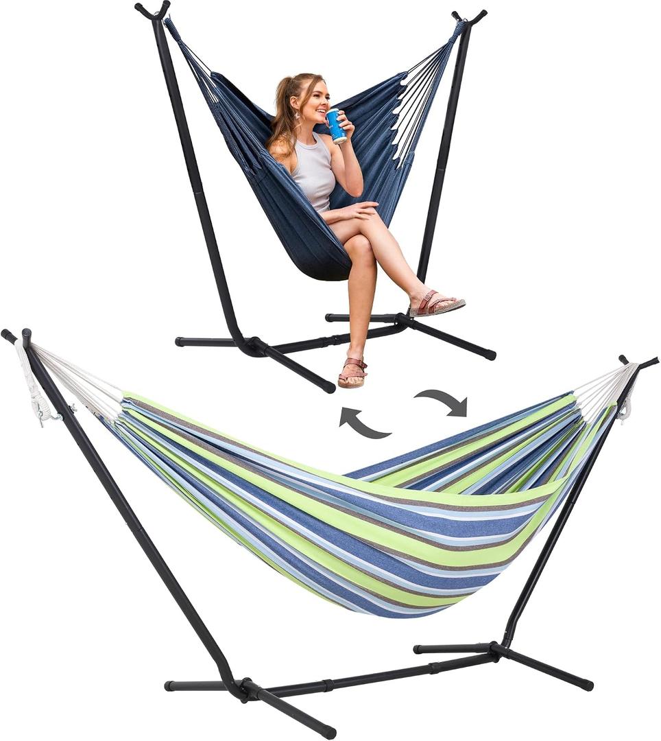 SUNCREAT 2-in-1 Convertible Backyard Fabric Hammock with Stand, Large Hammocks for Outside, Patented, Light Green Stripes