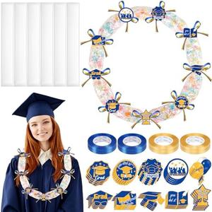 80UncleKimby 28PCS Blue and Gold Graduation Decorations 2025 Candy Leis Making Kit - Hawaiian Congrats Grad Ribbon Necklaces Party Supplies(Assembly Needed, Candy not Included)