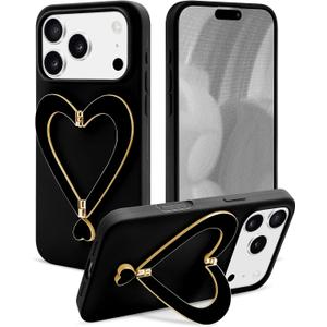Jusy Case for iPhone 17 Pro Max, Cute Heart with 3D Heart Stand Slim Fit Liquid Silicone Soft Anti-Scratch Microfiber Lining Shockproof Protective Phone Cover for Girly Women Case - Black