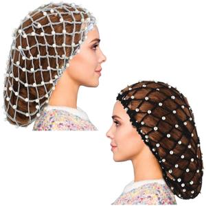 MTLEE 2 Pcs Black and Gray Mesh Crochet Pearl Hair Snood Rayon Knit Crocheted Sleeping Cap Net for Women Long Curly Hair
