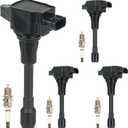Ignition Coil Pack & Iridium Spark Plugs Fit for 2007-2016 Nissan Altima, for Nissan Versa Sentra Rogue Cube Rogue Select NV200 1.6L 1.8L 2.0L 2.5L L4, Replaces for UF549 C1696 C751, 4 Sets, Black