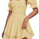 LYANER Women's Tie Back Off Shoulder Wrap Layer Ruffle Short Sleeve Mini Dress (Solid Light Yellow)