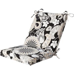 Pillow Perfect Floral Indoor/Outdoor Solid Back 1 Piece Square Corner Chair Cushion with Ties, Deep Seat, Weather, and Fade Resistant, 36.5" x 18", Black/White Sophia, 1 Count