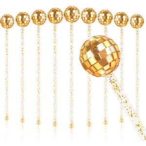 10 Pieces Gold Drink Stirrers Cocktail Disco Balls Cocktail Stirrers Disco Ball Swizzle Sticks Glitter Drink Stirrers for Last Disco Bachelorette Party Wedding Bar 7.4 Inches Long