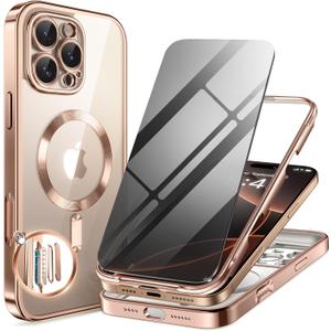 BERFY Magnetic for iPhone 16 Pro Max Case, Compatible with MagSafe, with Privacy Screen Protector, [Upgraded Camera Protection], 2-Layer Bumper Full Body Shockproof Plating Phone Case 6.9", Rose Gold