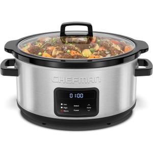 Chefman Slow Cooker 7 Quart, Large Family Size Programmable Digital Slow Cooker with 24-Hour Timer, Low, High & Warm Settings, Ceramic Crock, Tempered Glass Lid, Dishwasher-Safe, Stainless Steel