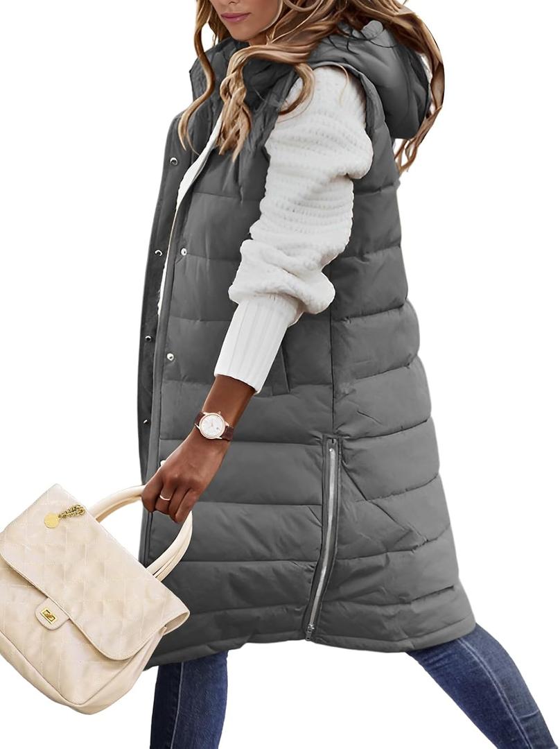 HEEKPEK Womens Puffer Vest Winter Hooded Sleeveless Zip Up Long Puffy Jacket Warm Thick Quilted Coats with Pockets(Grey,S)