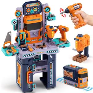 Lehoo Castle Kids Tool Bench (32.5 Inches Tall), Toddler Tool Set with Electric Drill, 2-in-1 Workbench and Toolbox, Pretend Play Tool Toys for Age 3-5, Birthday Gift for Boys