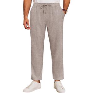 Runcati Mens Casual Pants Drawstring Elastic Waist Lightweight Cropped Linen Pants Summer Yoga Beach Trousers (Small, Khaki)