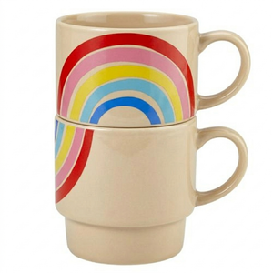 Slant Collections Set of 2 Stackable Ceramic Coffee/Tea Mugs, 14-Ounce, Rainbows, Beige