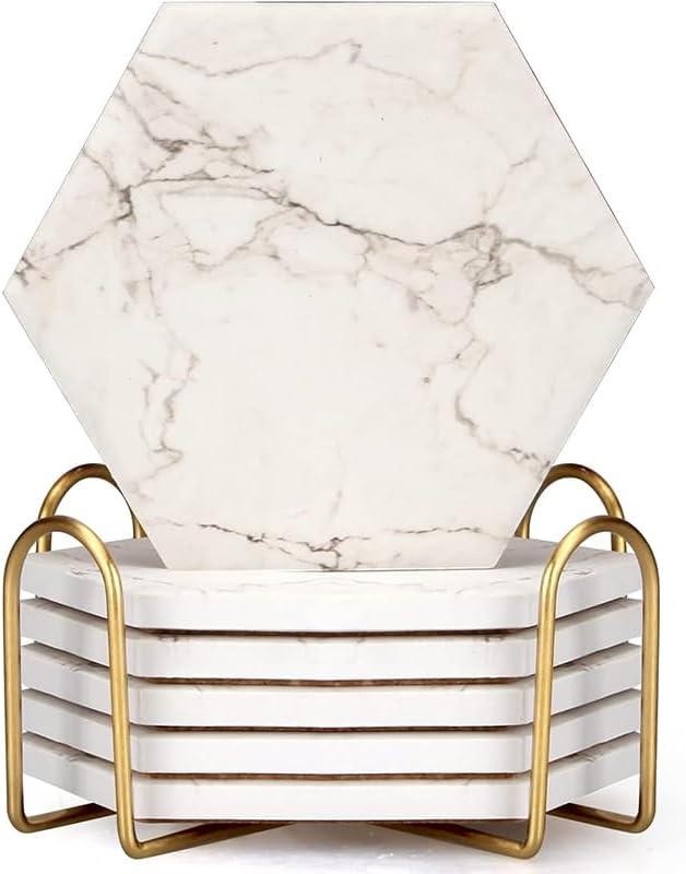 6 Pack Cute Marble Absorbent Stone Coaster Set with Holder Cool Cork Coster Modern White Ceramic Coasters Bar Desk Cup Drink Coasters Funny Coffee Table Decor Kitchen Unique Coster posavasos (Gray)