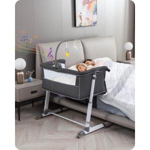 Yacul Baby Bassinet, Bedside Crib Sleeper with Wheels and Music Box, Breathable Mesh Height Adjustable Baby Bedside Sleeper, Portable, Dark Gray