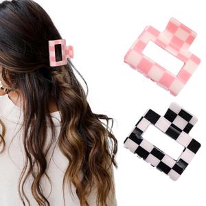 2 Pcs Checkered Rectangle Claw Clips for Women, Y2K Accessories Claw Clips for Thick Hair, Cute Hair Clips for Women and Teens (Pink)