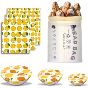 Beeswax Bread Bags for Sourdough/Beeswax Wraps for Food/Bowl Covers for Proofing, 7-in-1 Reusable Sourdough Starter Kit Baking Supplies for Homemade Bread Making and Fresh Storage (Lemon)