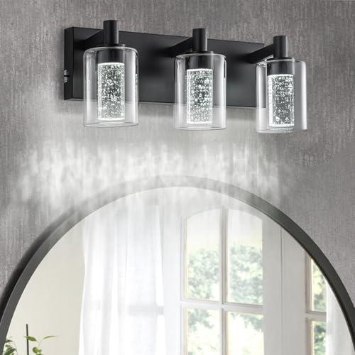SineRise Vanity Light with 3 Color Modes (3000K/4000K/6000K), Eye Protection LED Bathroom Light Fixture, Dimmable Modern Wall Light Over Mirror with Clear Glass Shade (Black, 3-Light)