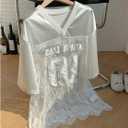 MakeMeChic Lace Jersey Shirts for Women V Neck Letter Graphic Tee Oversized Sheer Tops (White, XS)