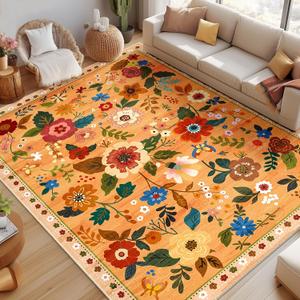 Floral 8x10 ft. Area Rug Machine Washable Soft Print Boho Carpet Non Slip Doormat Low Pile Flower Area Rugs for Living Room Bedroom Nursery Kitchen Dining Room Indoor-Yellow/Orange