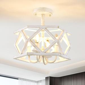 Antique White Semi Flush Mount Ceiling Light, Modern Foyer Lighting Fixture, 4-Light Metal Ceiling Lamp, Small Farmhouse Chandelier for Hallway Entryway Porch Bedroom Kitchen