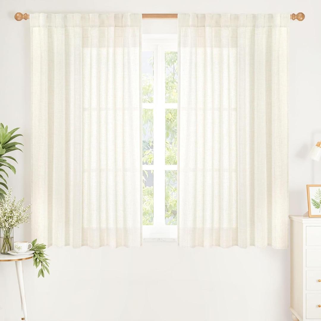 YoungsTex Ivory Linen Curtains 45 Inch Length, Short Light Filtering Drapes Semi Sheer with Rod Pocket Back Tab for Living Room Windows, 2 Panels, 42 X 45 Inch