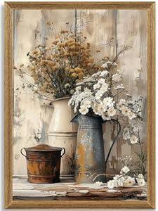 Krtoni Framed Farmhouse Vintage Canvas Wall Art, Country Floral Daisy Picture Wall Decor, White Jasmine Flowers and Rust Kettle Poster Print for Living Room Bedroom Bathroom Rustic Decor 24''L x 16''W