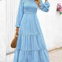 PRETTYGARDEN Women's Fall Dresses 2025 Long Sleeve Flowy Casual Floral Maxi Dress Crew Neck Smocked Tiered Long Dress (Blue, L)
