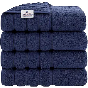American Soft Linen Luxury 4 Piece Bath Towel Set, 600 GSM 100% Cotton Turkish Bath Towels for Bathroom, 27x54 in Extra Large Bathroom Shower Towels, Navy Blue