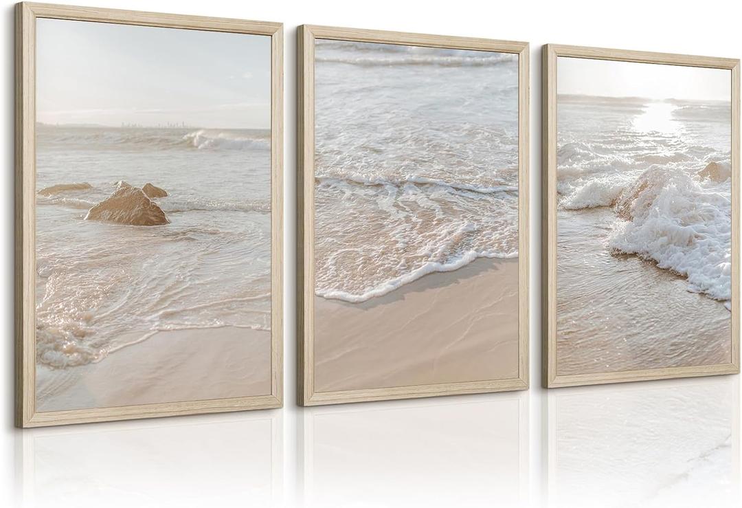 Beach Wall Art Decor Coastal Wall Art Pictures Ocean Canvas Wall Art Beige Beachy Wall Decor Boho Beach Prints Ocean Painting Coastal Artwork for Bedroom Living Room 16x24 Inch Wood Framed Set of 3