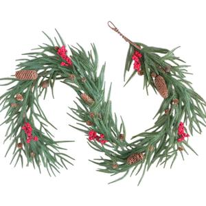 vivimemo 6 FT Green Garland Soft Green Pine Needle Red Berry Pinecone Garland Porch Table Window Fireplace Decoration Winter Holiday Party Office Decoration