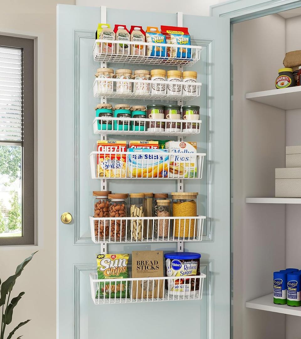 Mefirt Over The Door Pantry Organizer, Pantry Organization and Storage, 6-Tier Deep Baskets Hanging Heavy-Duty Metal, Wall Spice Rack Seasoning Shelves for Home & Kitchen, Laundry Room Bathroom, White