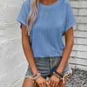 Womens Summer Tops Crochet Cap Short Sleeve Shirts Casual Loose Texture Round Neck Knit Tshirts Blouse (Blue, XXL)