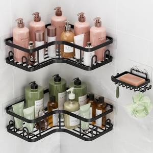 Veken Corner Adhesive Shower Caddy 3-Pack with Soap Holder&Hooks,No Drilling Shower Shelves,Rustproof & Waterproof Bathroom Organizers and Storage,Rack for Small Spaces, Kitchen&Rental-Friendly,Black (3-Piece Set(2 Large+1 Small))