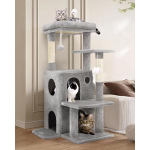 Cat Tree Tower for Indoor Cats, 50-inch Adult Cat Tree House for Large Adult Cats with Steps, Scratching Post, 2 Cat Caves, Dangling Toys, FC50, Light Grey