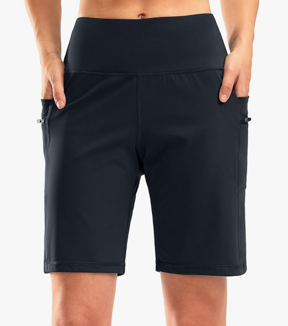 G Gradual Women's High Waisted 9" Bermuda Shorts with Zipper Pockets Athletic Workout Long Shorts for Women Knee Length (LARGE)