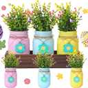 Domensi Easter Spring Table Decoration Set Rustic Wood Tray with Artificial Colorful Flower Greenery Fake Plants Mason Jar Wooden Tag for Easter Spring Dining Table Centerpiece Supplies