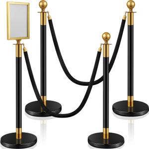 Ferraycle 4 pcs Stainless Steel Crowd Control Stanchion Velvet Ropes 5 ft Carpet Poles Hollow Base Crowd Control Barriers Velvet Ropes and Posts with Stanchion Sign Holder(Black Gold)