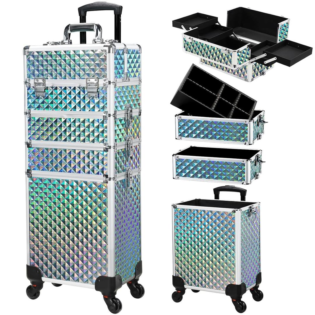 Stagiant Rolling Makeup Case Cosmetology Case on Wheels 4 in 1 Makeup Travel Case Large Cosmetic Organizer Storage with Key Swivel Wheels Nail Artist Salon Traveling Cart Trunk Watery Blue