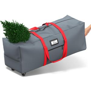 Mrrihand Christmas Tree Storage Bag, Large Artificial Anti-Tear Heavy-Duty 600D Oxford Cloth Xmax Christmas Tree Storage Box with Rolling Wheels, Christmas Tree Storage Container (Grey&Red, 9Ft)