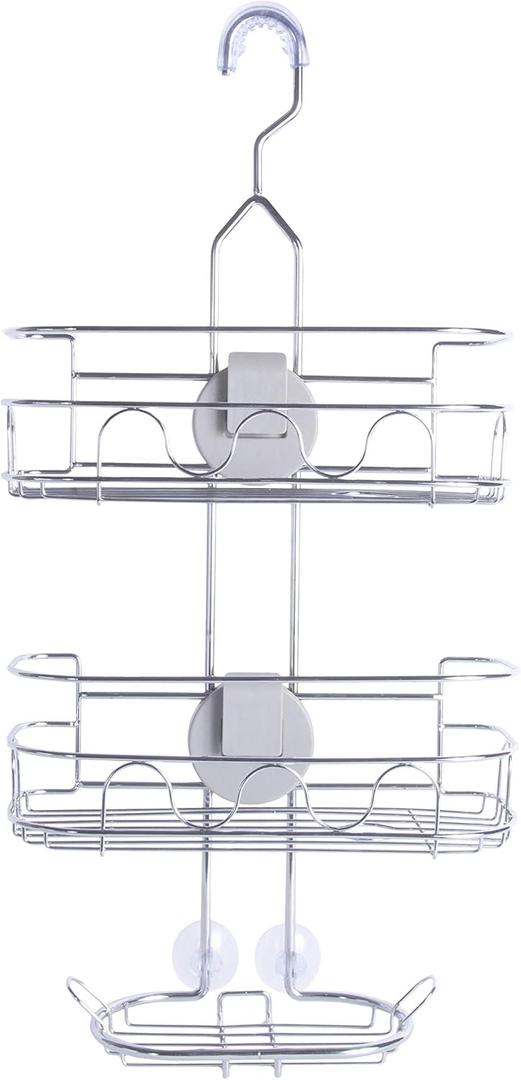 Kenney KN614124 Easy Slide 4-Way Adjustable Shower Caddy, 25.5" L x 12.25" W x 5" D Rust-Resistant Configurable Metal 2-Shelf Hanging Caddy with Soap Dish, Suction Cups and Razor Holders, Chrome