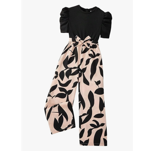 WDIRARA Girls's Casual Graphic Puff Sleeve Bow Belted Wide Leg Jumpsuit
, Size -11Y