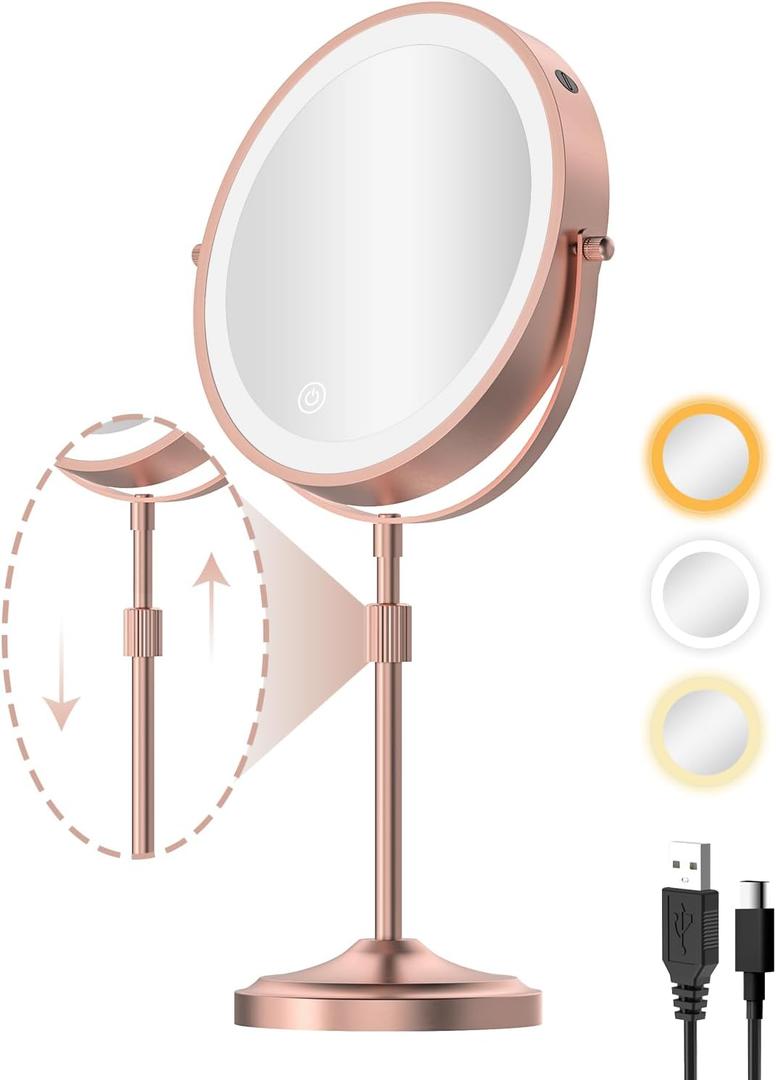 9" Lighted Makeup Mirror with 1X 10x Magnification, 5000mAh Rechargeable Led Magnifying Vanity Mirror with Lights, 3 Lighting Color, Dimmable and Height Adjustable Cordless Cosmetic Mirror Rose Gold