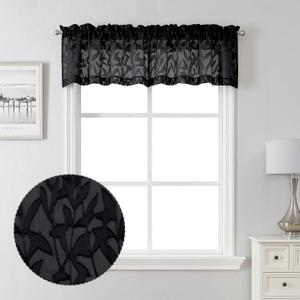 Lecloud Leia Sheer Black Curtains Window Valances for Kitchen 14 Inch Length 2 PCS, Dual Rod Pockets Window Living Room Curtain Valance, Jacquard Clip Textured Leaf Short Bedroom Drapes, 38x14 Inches