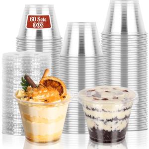 60 Pack 9 oz Clear Plastic Cups with Lids No Hole, Dessert Cups Disposable Cups with Lids for Ice Cream, Fruit, Pudding, Cake, Cold Drinks, Smoothie and Snacks
