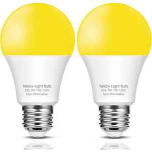 Dusk to Dawn Yellow Bug Light Bulbs Outdoor, 9W (60W Equivalent) Amber 2000K LED, Auto Sensor Light Bulb for Outside, Backyard, Porch, Bedroom, Auto On/Off, Non-Attracting, E26 Base, 2 Pack