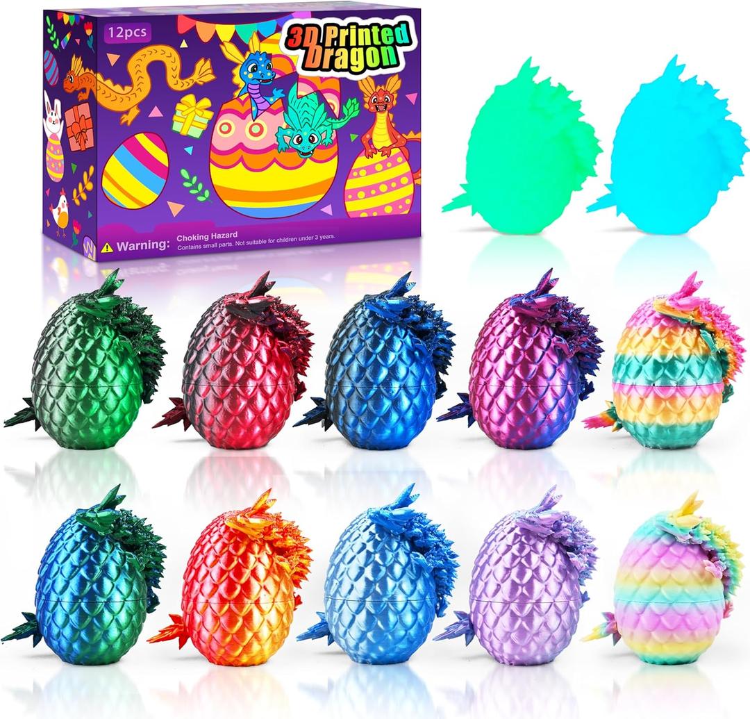 Impossmaker 12pcs 3D Printed Dragon Eggs, Prefilled Easter Dragon Egg with Dragon Toy, Easter Basket Stuffer, Goodie Bag Fillers, Easter Egg Hunt, Unique Easter Basket Gifts for Kids