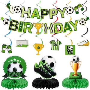 Hanaive 16 Pcs Soccer Birthday Party Decorations Include Soccer Happy Birthday Banner, Table Centerpieces, Paper Cutouts, Hanging Swirl for Boys Sports Football Party Decor