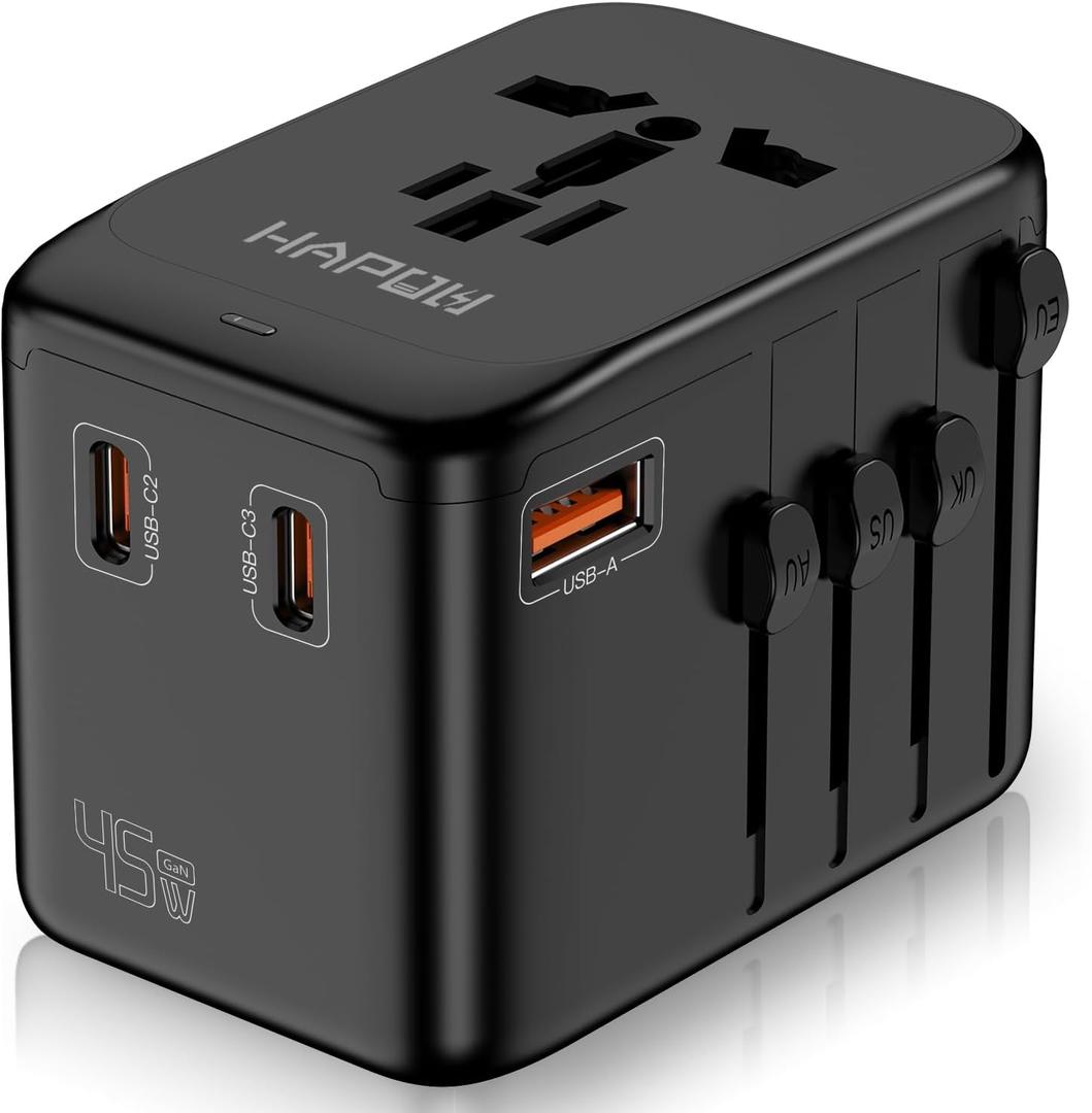 Universal Travel Adapter, GaN 45W International Power Adapter, 3 USB-C & 1 USB-A Fast Charging Travel Charger, All in One Worldwide Travel Plug Adapter, Outlet Adapter for Europe UK USA AU, Black
