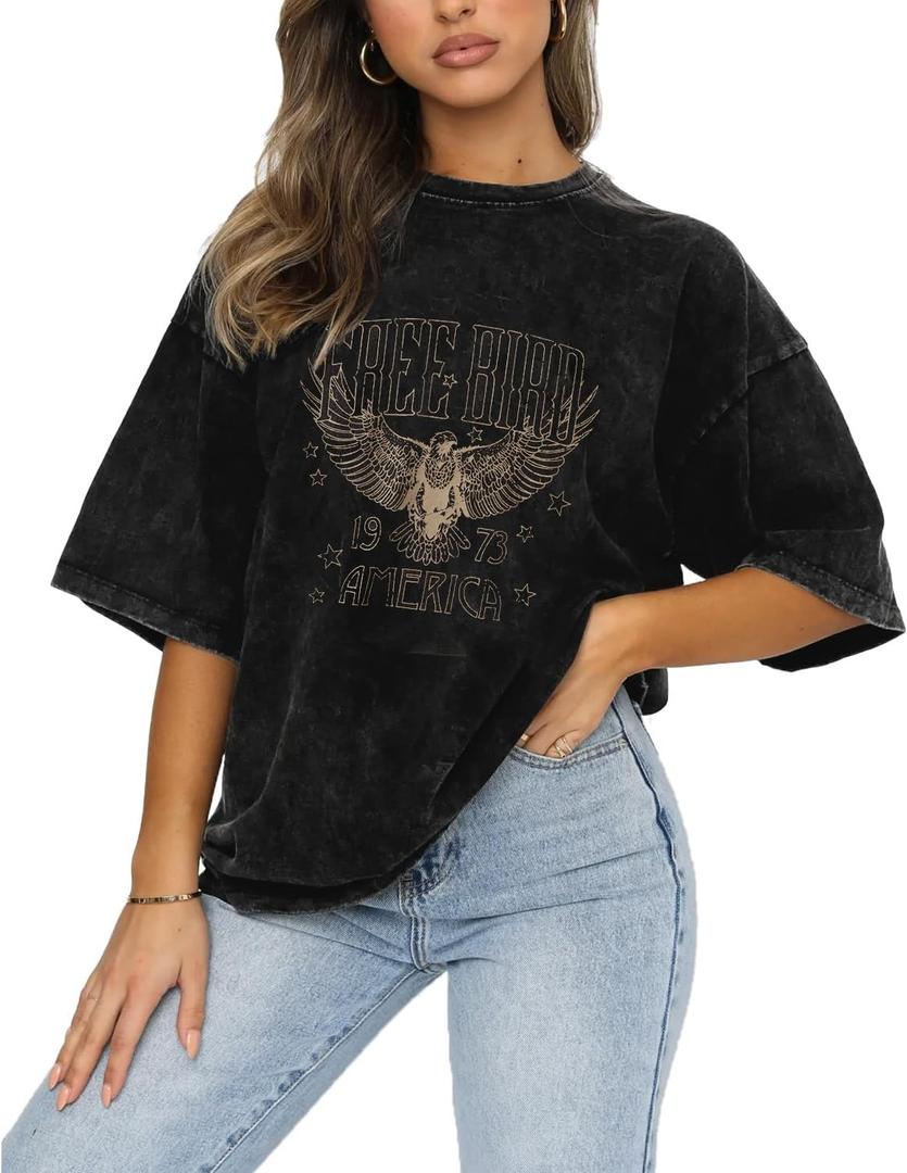 KEKEMI Vintage Rock Band Tshirts Women Retro Free Bird Western Graphic Tees Country Music Shirts Casual Short Sleeve Tops(Black-104, Large)