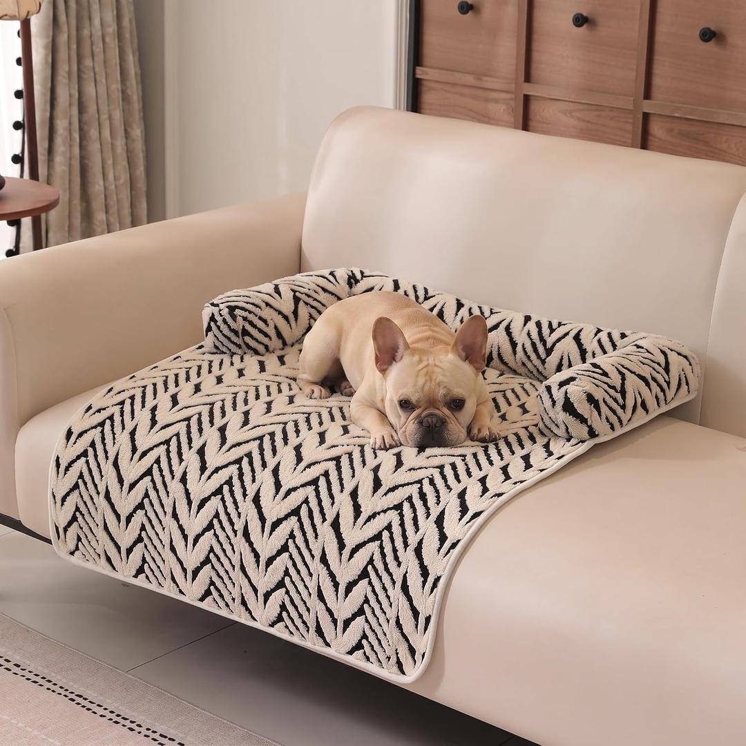 Calming Dog Couch Bed Mats with Neck and Head Support, Fluffy Plush Pet Sofa Cover for Small Medium Dogs and Cats, Non-Slip Bottom, Machine Washable, Black, Medium(35.43''L×31.5''W×5.91''Th