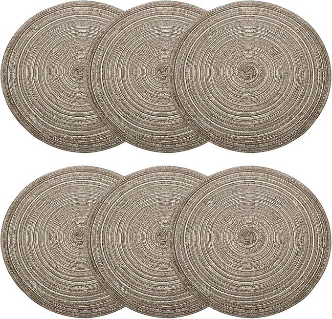 6pcs Round Braided Placemats 14" Non-Slip Round Table Mats for Dining Tables Washable Heat Insulation Woven Placemats Indoor Outdoor for Family Holiday Dinner, Brown