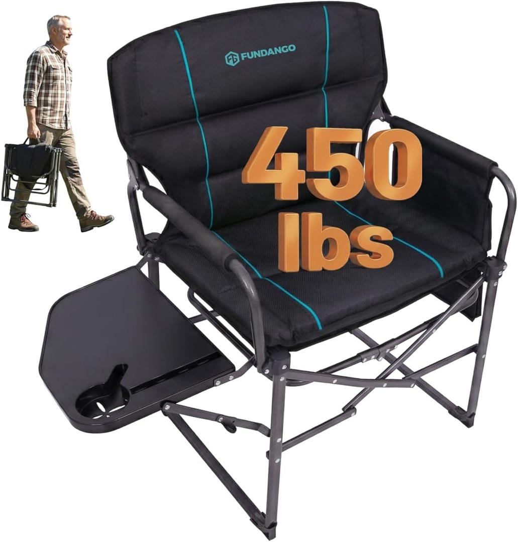 FUNDANGO Oversized Folding Chairs for Outside, Fully Padded Camping Director Chair for Adults, Support 450lbs Portable lawn chairs with Side Table, Side Pockets for outdoor Camp, Picnic, Lawn, Concert